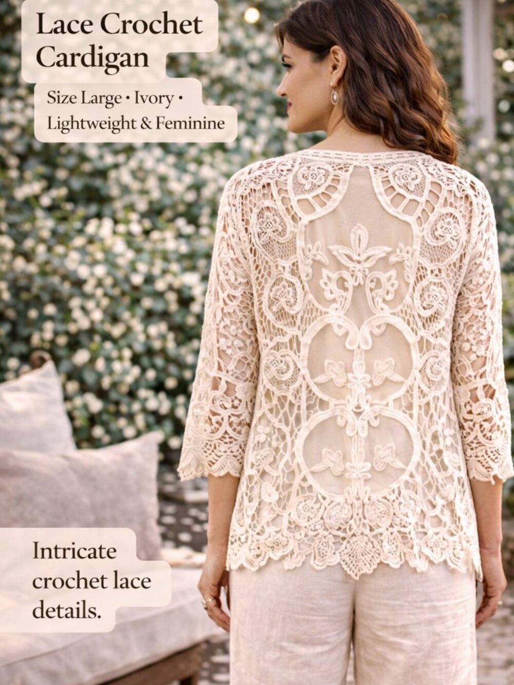 Womens Topper Boho Lace Crochet Cardigan Ivory Open Front Sheer Romantic Duster